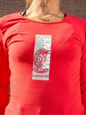 Versace Red Slim Long-Sleeve Tee with Center Graphic